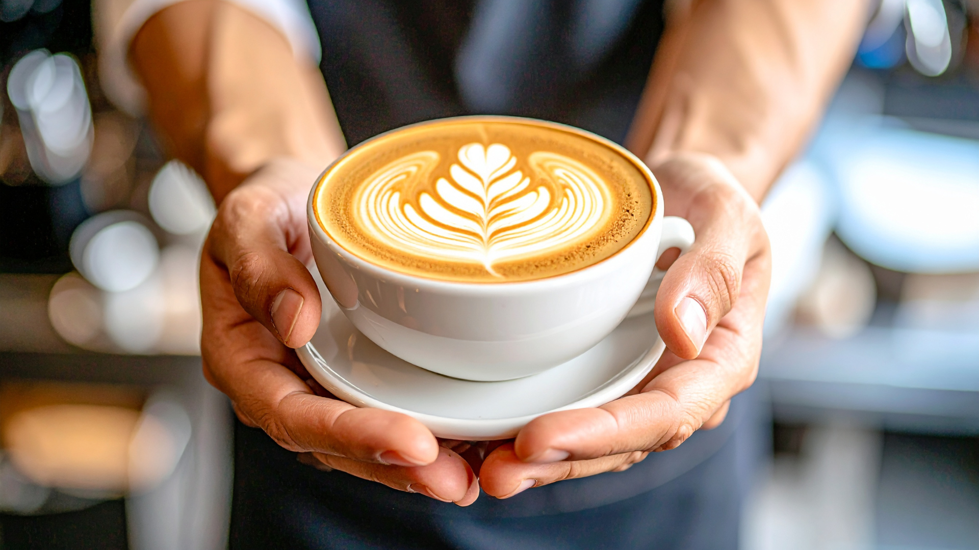 Barista holding a latte with leaf-shaped latte art